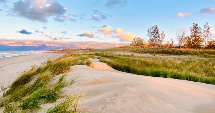 Indiana Dunes National Park beach and dunes at sunset