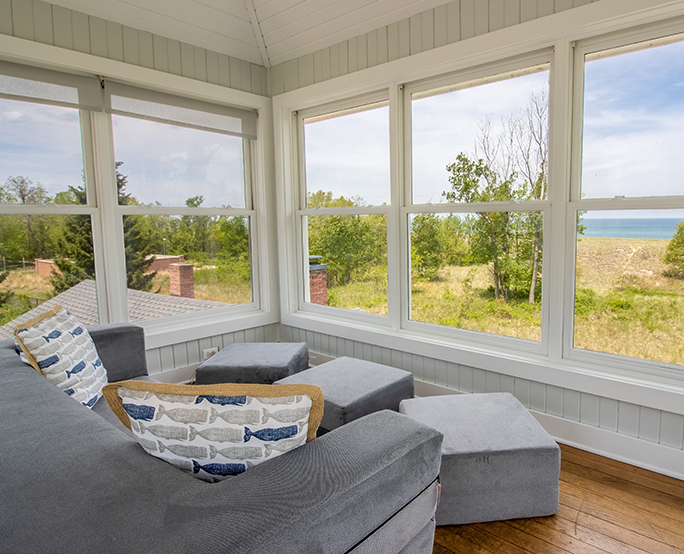 Beautiful view of Lake Michigan from an enclosed porch